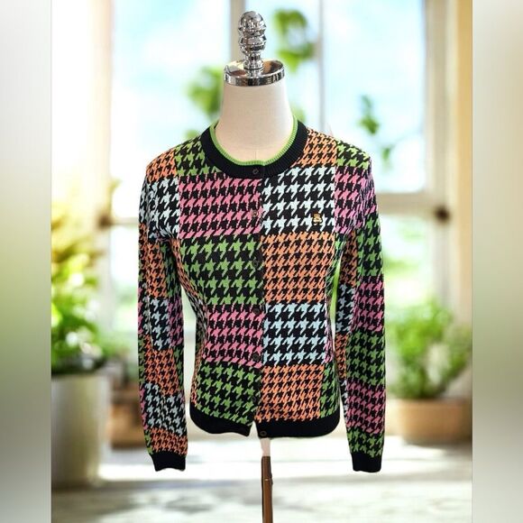 Teddy Fresh Houndstooth Cardigan Sweater Neon Colorblock Cotton H3H3 Size S - Picture 2 of 15